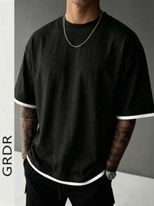 GRDR Men's Classic Faux Two Pieces Round Neck Short Sleeve T-Shirt, Casual Fashion Minimalist Commuting Versatile - Black - View 3