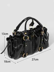 Medium Size Black Vintage Pleated Handbag, French Chic Rivet Sweet & Cool Design Commuter Bag, Suitable For Women, Students, Office Workers. Suitable For Daily Commute, Shopping, School, Travel - Black - View 5