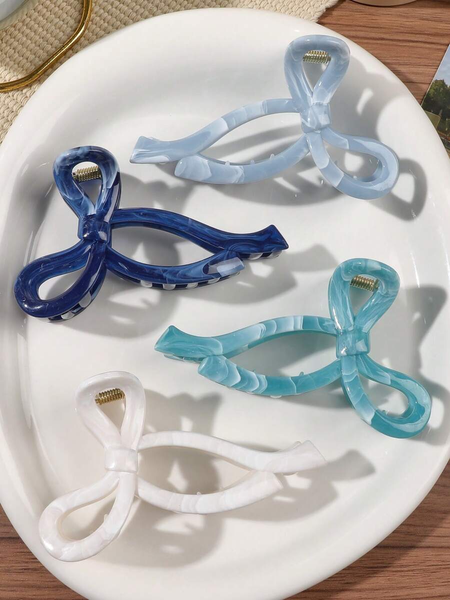 4件套莫兰迪色ABS大理石纹扎染蝴蝶发爪，高冠发髻夹，发爪，韩式简约甜美少女法式休闲沙滩通勤派对发饰 - 彩色 - 查看 1