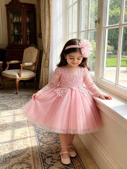 女婴粉色长袖优雅薄纱公主裙，适合派对