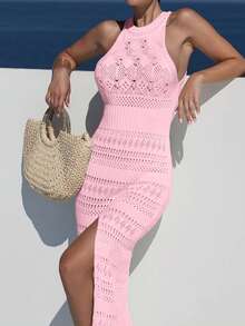 Women's New Fashion Casual Elegant Solid Color Knit Maxi Dress, Round Neck Design With Hollow-Out Details, Sleeveless Bodycon Waistline With Side Slit Hem, Suitable For Spring/Summer Beach Vacation Pink - Pink - View 8