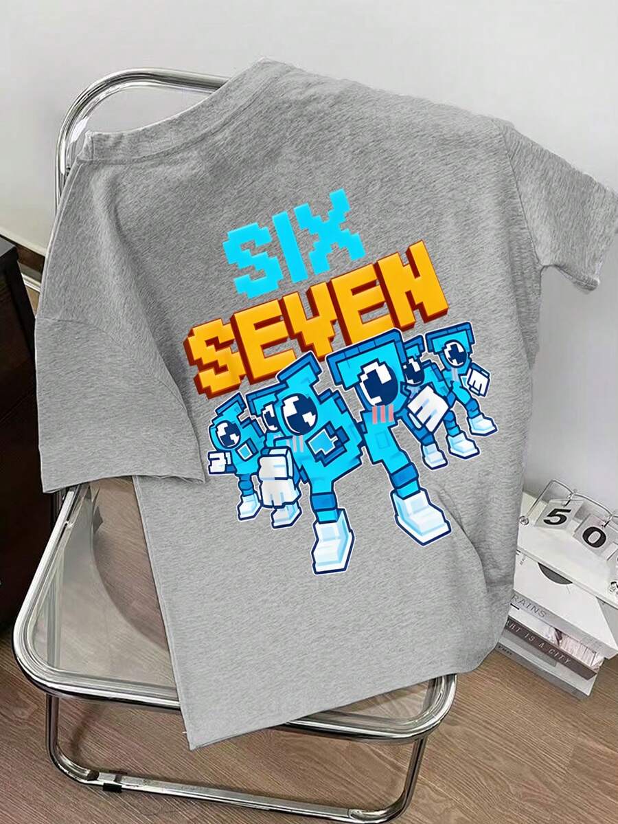 Kaos Anak Laki-laki Lengan Pendek Leher Bulat Bergambar Kartun Angka "67" & Huruf, Pakaian Anak Musim Semi/Panas Terbaru - Grey - View 1