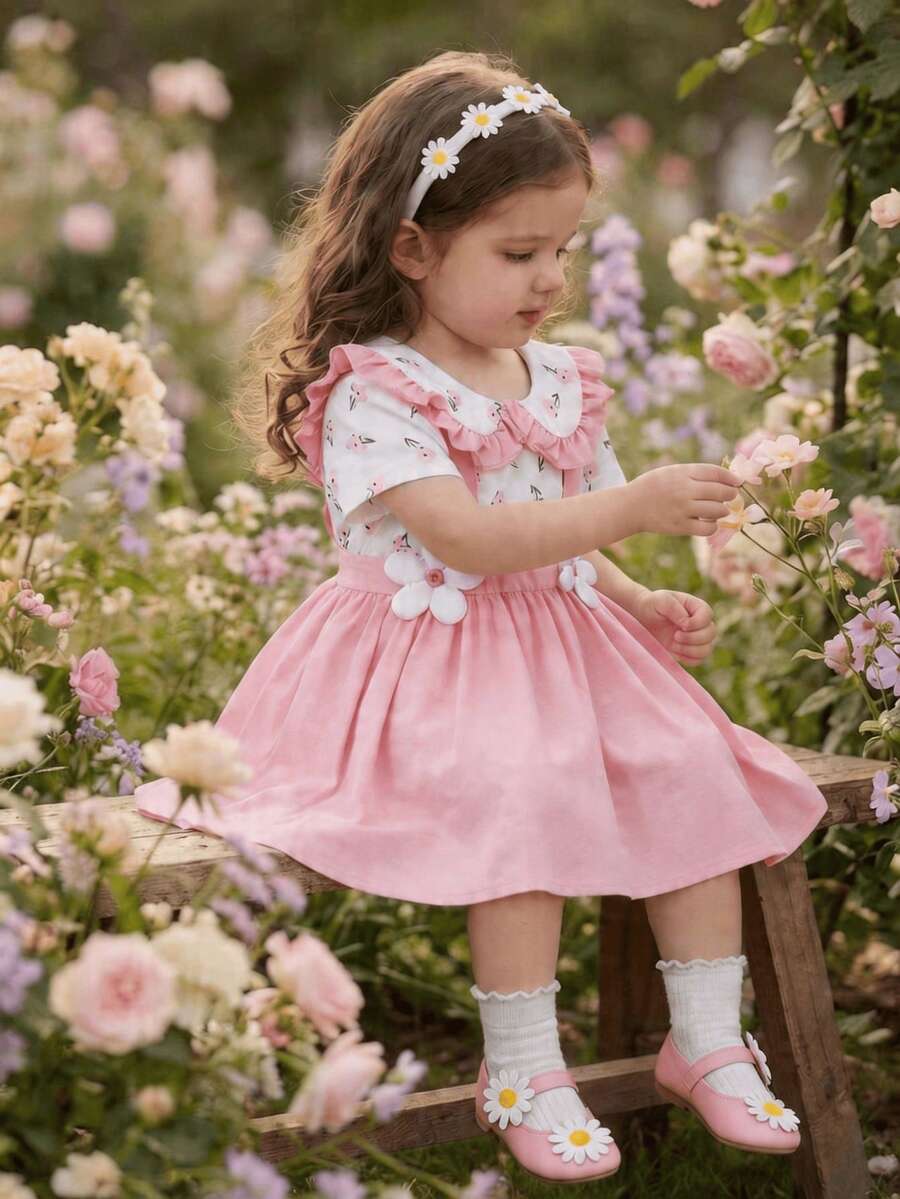 Baby Girls' Pink Floral 2 In 1 Ruffle Hem Sweet Floral Peter Pan Collar Toddler Dress With 3D Flower Decor - Pink - View 1