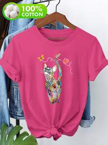 Damtoppar 2026 100 % ren T-shirt med utomhusmotiv, kortärmad T-shirt för kvinnor, färgglatt geometriskt kattmönster, vardagliga och moderiktiga kläder, 'Den rena kortärmade skjortan är för mjuk' sommaroutfit för kvinnor - [Vit] - Visa 8