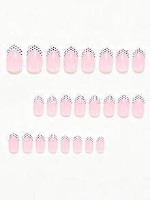 24pcs Oval & Square Press-On Fake Nails, Y2K Polka Dot, French Manicure Pink, Full Cover Artificial Nails Suitable For Women & Girls, Includes 1pc Jelly Gel And 1pc Nail File, Random Delivery - White - View 2