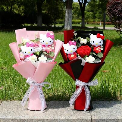  SANRIO Handmade Knitted Hello Kitty Flower Bouquet, Realistic Artificial Flowers, Party Decor, Wedding Bridal Bouquet, Gift For Friends, Suitable For Christmas, Valentine's Day, Mother's Day