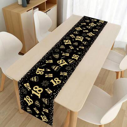 1pc 18th Birthday Tablecloth,Black Gold Cake Gifts 18 Pattern Table Cover,Birtdhay Party Polyester Table Flag Table Runner,Happy Birthday Party Table Decoration,18 Year Old Table Cloth,Birthday Celebration,Kitchen Dining Table Decor,Room Decor,Home Decor,Birthday Party Supplies