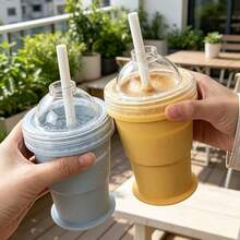 Bộ 1/2/3 cốc làm đá viên gấp gọn di động có ống hút, khay silicon. - Nhiều màu - Xem 12