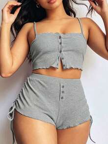 Conjunto de pijama de camiseta de tirantes y pantalones cortos con cordón para mujer, adecuado para primavera, verano y otoño - Gris - Ver 5