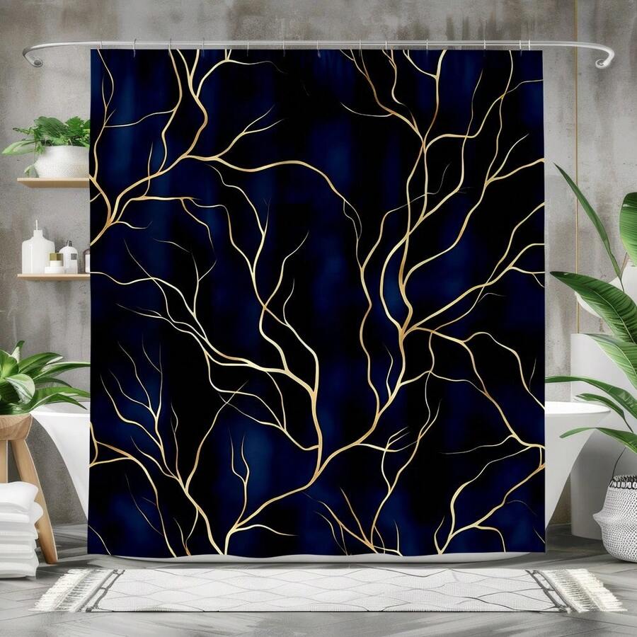 1pc 2D Planar Shower Curtain Modern Elegant Waterproof Shower Curtain Golden Tree Branch Pattern Navy Blue Abstract Bathroom Decor Durable Polyester Material Easy To Clean Machine Washable Hooks Included Stylish Home Accessory - Multicolor - View 1