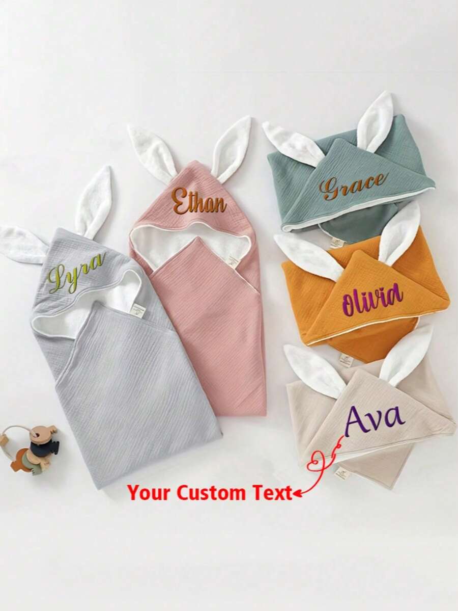 Customized Text/LOGO Cotton Double-Layer Gauze Baby Hooded Towel Cloak With Rabbit Ears, Unisex Baby/Toddler Bathrobe - Multicolor - View 1