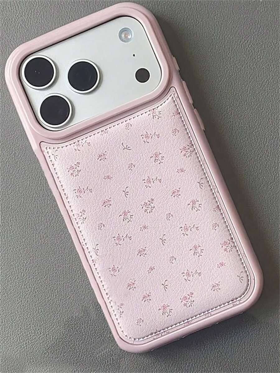 Fashionable Cute Pink Floral UV High-Quality Pattern Phone Case, Minimalist Design With Lychee Texture. Full Coverage Shockproof Protective Case Compatible With IPhone 17 16 15 14 13 12 Pro Max - Pink - View 1
