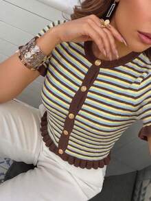 Women's Summer Striped Patchwork Round Neck Metal Button Short Sleeve Knit Top, Cute Retro Casual Ruffle Trim, Suitable For Daily Dates And Photography, Striped Knit Sweater, Yellow Striped Knit Sweater, Summer Clothing, Multi-Color Striped Knit Sweater - Yellow Brown - View 4