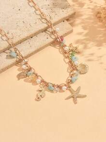 1pc Ocean Style Starfish, Shell, Seahorse Pendant Necklace With Colorful Gemstones And Pearls, Luxurious Metal Design, Suitable For Summer Beach, Daily Wear, High-End Jewelry Gift For Girlfriend Or Best Friend - Multicolor - View 3