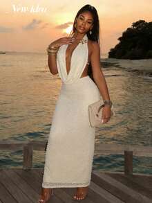 女士优雅性感吊带露背修身长裙，适合度假穿着 - 杏色 - 查看 1