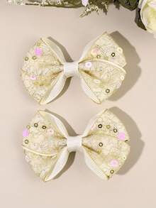 2 piezas Lazos para el cabello de niña con bordado dorado y beige en tul, accesorios de moda con decoración de lentejuelas, pinzas de cocodrilo y pasadores para el cabello, para uso diario, fiestas y cumpleaños - Multicolor - Ver 8