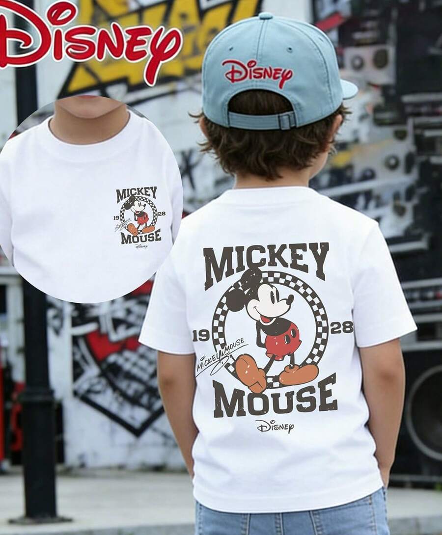 Disney Toddler Boys Mickey Mouse 1928 Vintage Print T-Shirt 6M-3Y Soft Breathable Kids Short Sleeve Top For Summer Vacation Back To School Holiday Gift Express Delivery - White - View 1