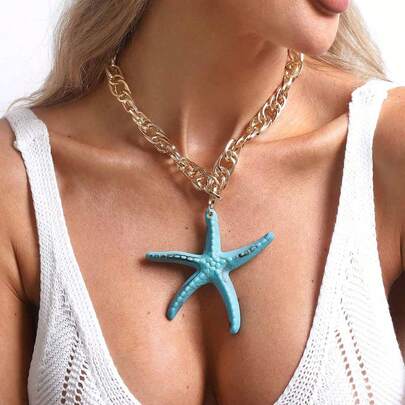 1条女士波西米亚风度假海星吊坠项链，夏季海滩海洋生物链，骨链
