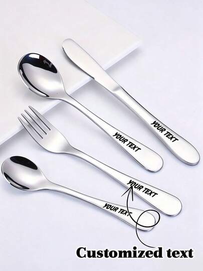 1 Set/4pcs Personalized Stainless Steel Cutlery Set, Customizable Engraving, Decorated With Bear Pattern - Ideal For Holidays Gifts And Daily Use
