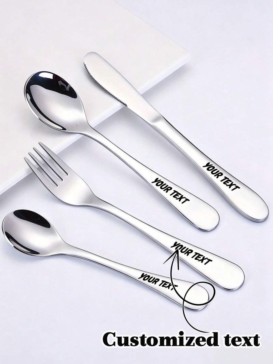 1 Set/4pcs Personalized Stainless Steel Cutlery Set, Customizable Engraving, Decorated With Bear Pattern - Ideal For Holidays Gifts And Daily Use