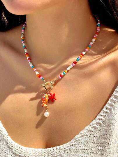 1pc Bohemian Ceramic Fish & Starfish Tassel Pearl Pendant Necklace, Suitable For Summer Beach, Dating, Gift For Girlfriend
