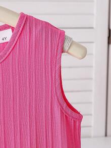 Summer Casual Girls Dress, Solid Color Round Neck Sleeveless Back Open Teardrop, Mesh Patchwork, Bow Decor, Fashionable & Sweet Girls Dress, Suitable For Outdoor & Daily Wear - Hot Pink - View 5