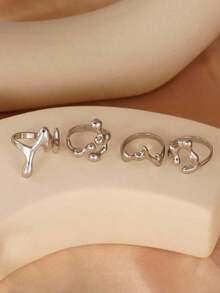 Set de 4 anillos geométricos apilables con diseño de gota para mujer, para uso diario, fiestas y regalos - Plateado - Ver 3