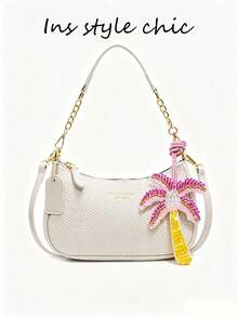 This Fashionable New Multi-Functional Women's Shoulder Bag Is Made Of PU Material, Decorated With A Pink Coconut Tree Pendant, And Printed With Multi-Color Patterns. It Can Be Used As Both A Shoulder Bag And An Underarm Bag, Suitable For Shopping, Commuting, Going Out, And Parties. - Beige - View 8