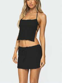 Women's 2 Piece Outfits Smocked Mini Skirt Set Casual Sleeveless Backless Smocked Halter Neck Tie Up Crop Top + Bodycon Short Mini Skirt Set Cocktail Party Beach Dress - F671-黑色 - 查看 2