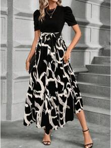 Women's Printed Maxi Dress Short Puff Sleeve Crew Neck Tie Waist Casual Long Dress For Daily Wear Party - 黑白 - 查看 2