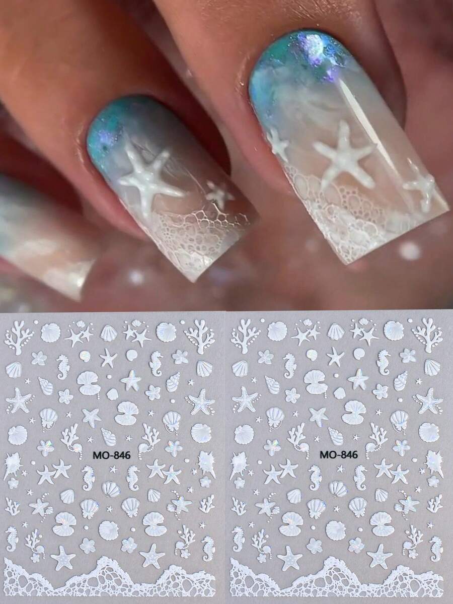 2pcs 3D Laser Ocean Starfish Shell Nail Stickers, White Glass Wave Seahorse Coral Self-Adhesive Nail Art Decals For Summer Beach Party - White - View 1