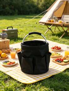 Cesta plegable redonda de picnic con múltiples bolsillos, bolso organizador portátil de lona con asas, práctico para jardinería, camping, picnic, limpieza, garaje, almacenamiento de herramientas - A - Ver 1