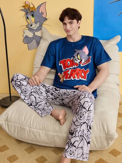 Noctvar OBM Sleepwear X TOM & JERRY Set de pijamale Collaboration pentru bărbați, 2 piese, cu mânecă scurtă și imprimeu moale