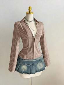 1pc Black V-Neck Striped Collar Slim Fit Button-Up Long Sleeve Sexy Blouse For Commute & Daily Wear, Winter - 駝色 - 查看 6