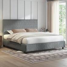 Full/Queen/King Upholstered Bed Frame With Gap-Free 3.5" Thick Headboard – Corduroy Platform Bed With Fully Padded Design & Metal Slats, No Box Spring Needed - Grey - View 1