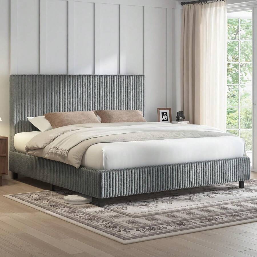 Full/Queen/King Upholstered Bed Frame With Gap-Free 3.5" Thick Headboard – Corduroy Platform Bed With Fully Padded Design & Metal Slats, No Box Spring Needed - Grey - View 1