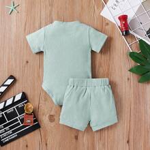 2pcs Newborn Baby Boy Summer Outfit, Soft Comfortable Short Sleeve Ribbed Romper And Shorts Set, Suitable For 0-12 Months, Small Collar - Baby Blue - View 2