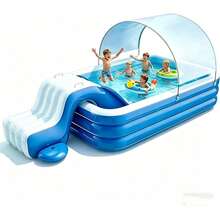 10FT/8FT Family Large Inflatable Pool With Canopy - Kiddie Pool With  Sun Shade Cover, Ball Pit, Foldable, Family, Easy Set, Snapset Pool With Cover, Blow Up Swimming Pool For Kids, Adults - Sun Shade - For Backyard, Outdoor Water Play - 薄荷藍 - 查看 1