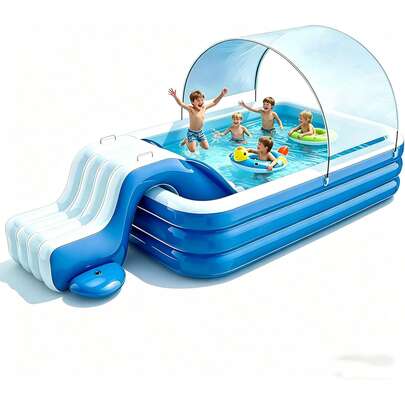 10FT/8FT Family Large Inflatable Pool With Canopy - Kiddie Pool With  Sun Shade Cover, Ball Pit, Foldable, Family, Easy Set, Snapset Pool With Cover, Blow Up Swimming Pool For Kids, Adults - Sun Shade - For Backyard, Outdoor Water Play
