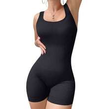 Women's Fitness Jumpsuit, Ribbed Fabric, Short Shaping Style - Black - View 13