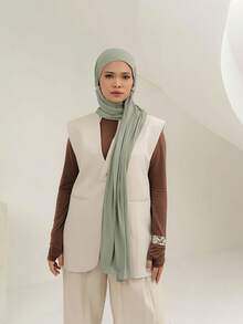 1 Peça Lenço Hijab de Modal Elegante e Casual de Cor Sólida Clássica, Estilo Turbante Longo Adequado para o Dia a Dia, Passeios e Reuniões, Acessórios, Feriados - Verde - Visão 2