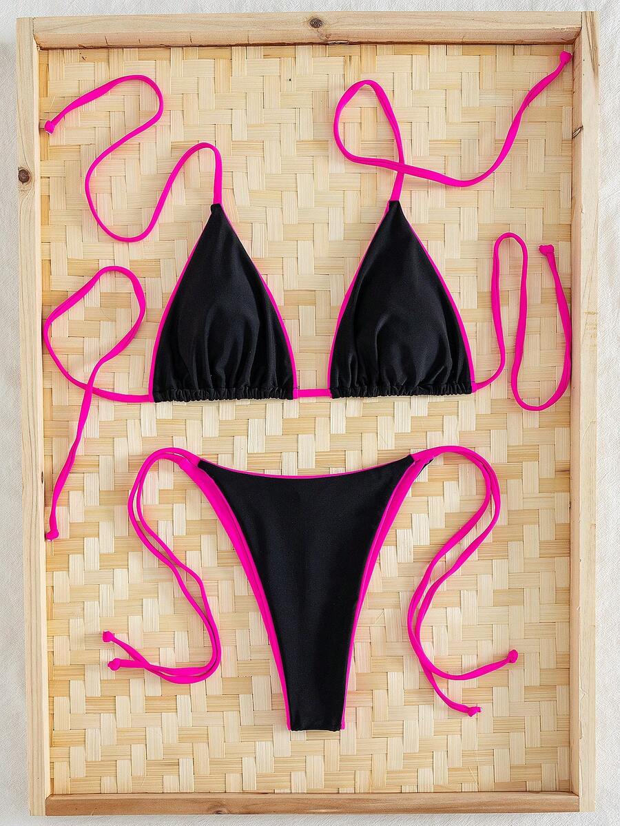 Bộ bikini buộc dây cổ gợi cảm họa tiết da báo, thích hợp cho kỳ nghỉ hè 2023 trên bãi biển. - Hoa hồng đen, gấm đỏ 1 - Xem 1