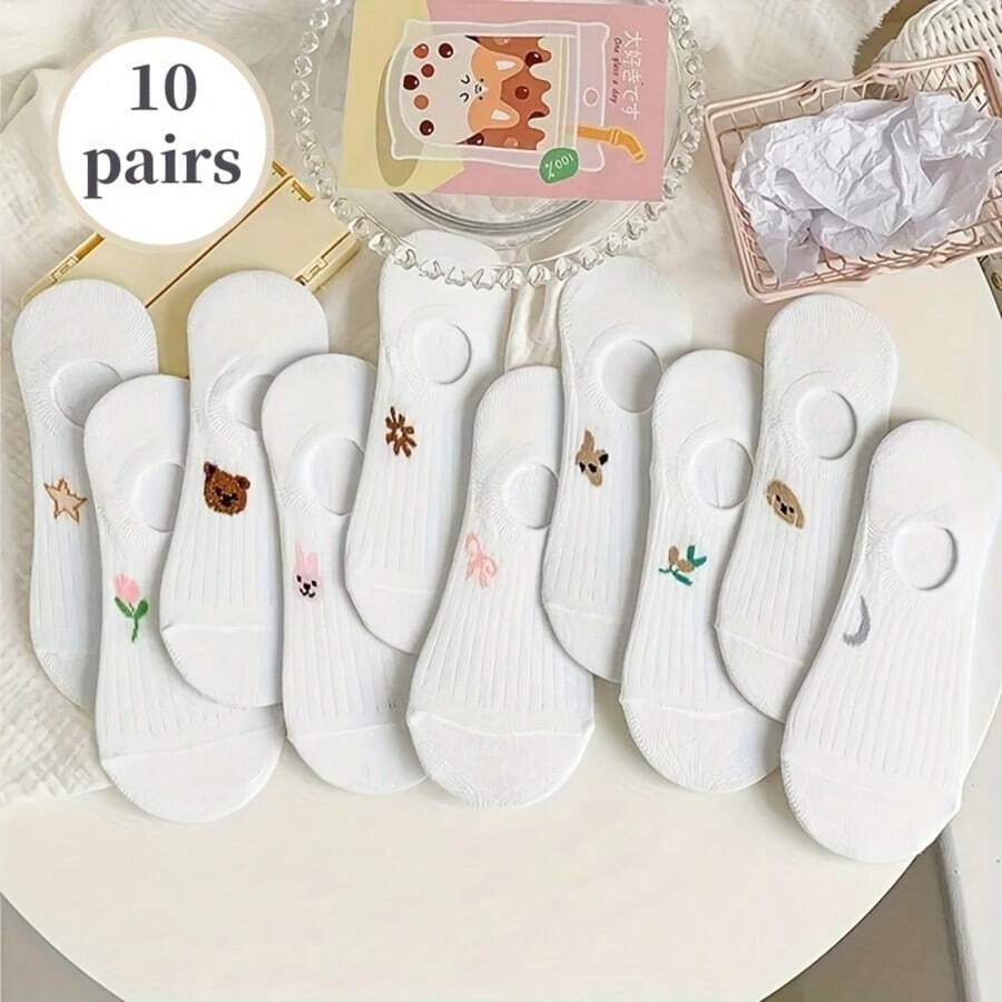 10 đôi tất nữ in hình hoạt hình dễ thương, tất cổ thấp chống trơn trượt, kiểu dáng thường ngày với họa tiết động vật và hoa lá. - Nhiều màu - Xem 1