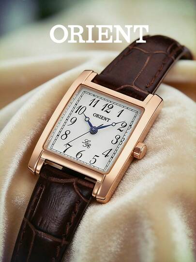 Orient 女士奢华金色方形表盘真皮表带石英腕表，优雅时尚，防水设计，适合休闲和正式场合佩戴，是送给女友、妻子、母亲的理想礼物，也适合生日、周年纪念日、派对、婚礼、日常佩戴、购物或节日礼物。