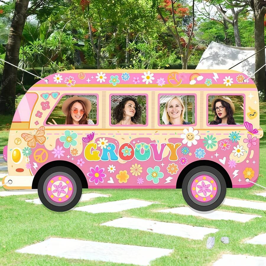 1pc Retro Hippie Bus Photo Holder With Flower, Butterfly, And Face Hollow-Out Design, Suitable For 60s Vintage Party, Birthday, Boho Theme Event, Photography Backdrop Decor, Garden Decor, Party Decor