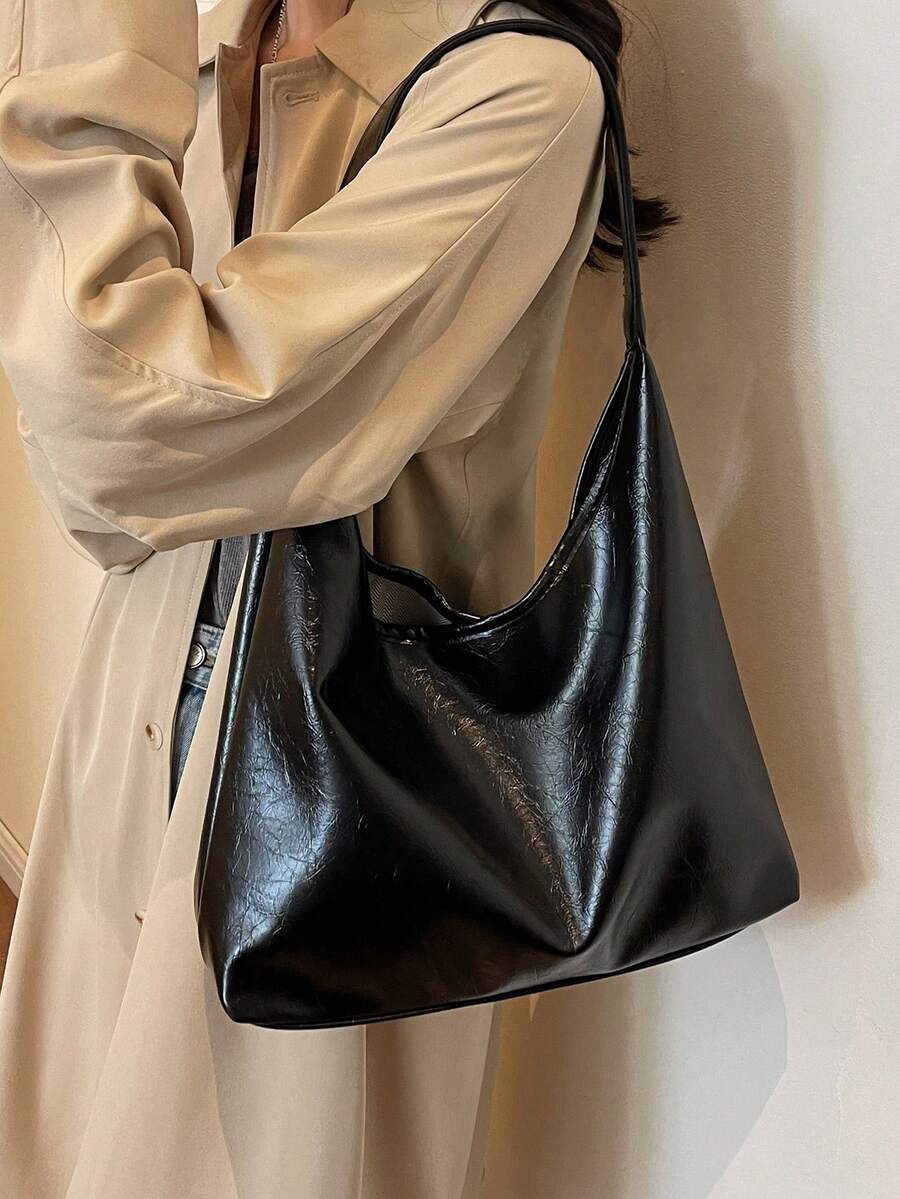 复古PU皮革单肩包/斜挎包/女士休闲手提包,适合通勤上班,时尚酒红色包包,复古风格女包,红色包包 - 黑色 - 查看 1