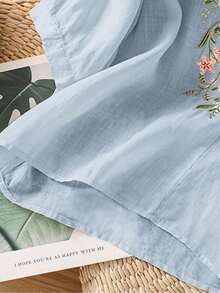女款春夏秋優雅休閒浪漫輕便上衣，重工刺繡圓領寬鬆波希米亞風襯衫，花卉刺繡清新度假通勤假日派對百搭襯衫，田園風穿搭 - 藍色 - 查看 10