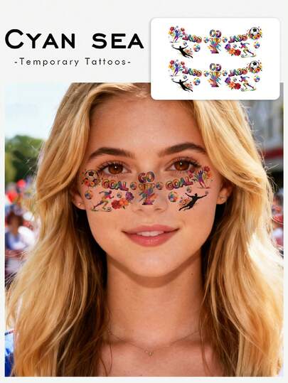 1张纹身贴纸，水彩风格足球进球奖杯花卉球员图案，临时纹身贴纸，可水洗，PVC材质，一次性，防水防汗，不反光，逼真纹身效果，适合人群，日常使用，可持续3-5天