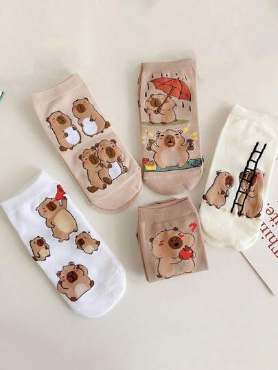 5 Pairs Random Color Capybara Ankle Socks, Random Styles Short Socks, Back To Students Sports Ankle Socks, Summer Kids Playful Design, Cartoon Socks