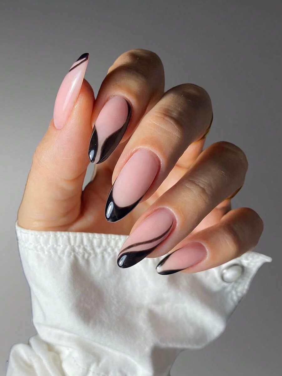 Bộ 24 móng giả dán sẵn hình hạnh nhân/màu nude ngọt ngào, viền đen, phong cách Y2K cá tính, phù hợp cho đi làm hàng ngày, tụ họp và trang phục thường ngày. - Nhiều màu - Xem 1